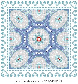 Decorative colorful ornament on white background, symmetric pattern with doodle lace frame. Tribal ethnic mandala decor. Bandana shawl, tablecloth fabric print, silk neck scarf, kerchief design