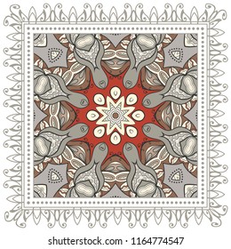 Decorative colorful ornament on white background, symmetric pattern with doodle lace frame. Tribal ethnic mandala decor. Bandana shawl, tablecloth fabric print, silk neck scarf, kerchief design