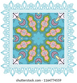 Decorative colorful ornament on white background, symmetric pattern with doodle lace frame. Tribal ethnic mandala decor. Bandana shawl, tablecloth fabric print, silk neck scarf, kerchief design