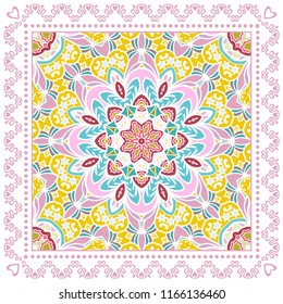 Decorative colorful ornament on white background, symmetric pattern with doodle lace frame. Tribal ethnic mandala decor. Bandana shawl, tablecloth fabric print, silk neck scarf, kerchief design