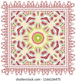 Decorative colorful ornament on white background, symmetric pattern with doodle lace frame. Tribal ethnic mandala decor. Bandana shawl, tablecloth fabric print, silk neck scarf, kerchief design