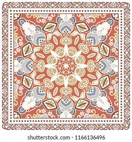 Decorative colorful ornament on white background, symmetric pattern with doodle lace frame. Tribal ethnic mandala decor. Bandana shawl, tablecloth fabric print, silk neck scarf, kerchief design