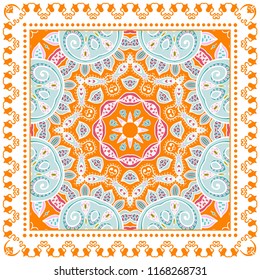 Decorative colorful ornament on white background, symmetric pattern with doodle lace frame. Tribal ethnic mandala decor. Bandana shawl, tablecloth fabric print, silk neck scarf, kerchief design