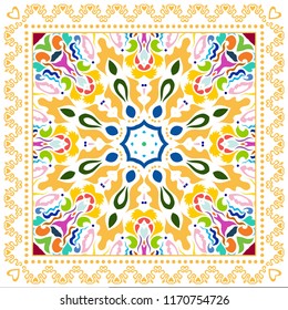 Decorative colorful ornament on white background, symmetric pattern with doodle lace frame. Tribal ethnic mandala decor. Bandana shawl, tablecloth fabric print, silk neck scarf, kerchief design