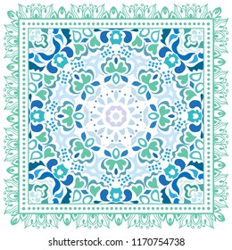 Decorative colorful ornament on white background, symmetric pattern with doodle lace frame. Tribal ethnic mandala decor. Bandana shawl, tablecloth fabric print, silk neck scarf, kerchief design