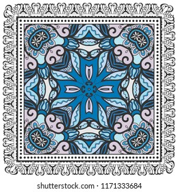 Decorative colorful ornament on white background, seamless pattern inside doodle lace frame. Tribal ethnic mandala decor. Bandana shawl, tablecloth fabric print, silk neck scarf, kerchief design