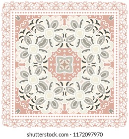 Decorative colorful ornament on white background, symmetric pattern with doodle lace frame. Tribal ethnic mandala decor. Bandana shawl, tablecloth fabric print, silk neck scarf, kerchief design
