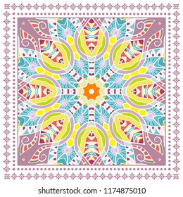 Decorative colorful ornament on white background, symmetric pattern with doodle lace frame. Tribal ethnic mandala decor. Bandana shawl, tablecloth fabric print, silk neck scarf, kerchief design