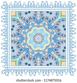 Decorative colorful ornament on white background, symmetric pattern with doodle lace frame. Tribal ethnic mandala decor. Bandana shawl, tablecloth fabric print, silk neck scarf, kerchief design