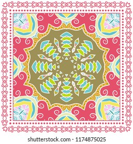 Decorative colorful ornament on white background, symmetric pattern with doodle lace frame. Tribal ethnic mandala decor. Bandana shawl, tablecloth fabric print, silk neck scarf, kerchief design