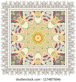 Decorative colorful ornament on white background, symmetric pattern with doodle lace frame. Tribal ethnic mandala decor. Bandana shawl, tablecloth fabric print, silk neck scarf, kerchief design