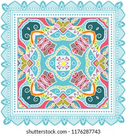 Decorative colorful ornament on white background, symmetric pattern with doodle lace frame. Tribal ethnic mandala decor. Bandana shawl, tablecloth fabric print, silk neck scarf, kerchief design