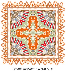 Decorative colorful ornament on white background, symmetric pattern with doodle lace frame. Tribal ethnic mandala decor. Bandana shawl, tablecloth fabric print, silk neck scarf, kerchief design