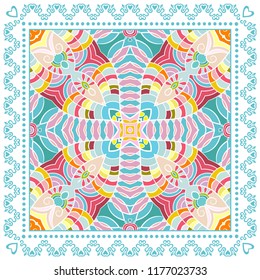 Decorative colorful ornament on white background, symmetric pattern with doodle lace frame. Tribal ethnic mandala decor. Bandana shawl, tablecloth fabric print, silk neck scarf, kerchief design