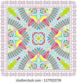 Decorative colorful ornament on white background, symmetric pattern with doodle lace frame. Tribal ethnic mandala decor. Bandana shawl, tablecloth fabric print, silk neck scarf, kerchief design
