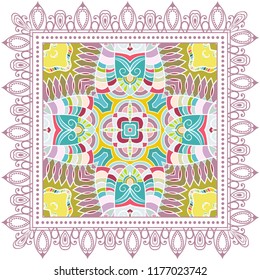 Decorative colorful ornament on white background, symmetric pattern with doodle lace frame. Tribal ethnic mandala decor. Bandana shawl, tablecloth fabric print, silk neck scarf, kerchief design