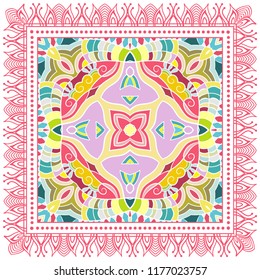 Decorative colorful ornament on white background, symmetric pattern with doodle lace frame. Tribal ethnic mandala decor. Bandana shawl, tablecloth fabric print, silk neck scarf, kerchief design