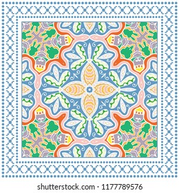 Decorative colorful ornament on white background, symmetric pattern with geometric frame. Tribal ethnic mandala decor. Bandana shawl, tablecloth fabric print, silk neck scarf, kerchief design