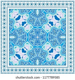 Decorative colorful ornament on white background, symmetric pattern with geometric frame. Tribal ethnic mandala decor. Bandana shawl, tablecloth fabric print, silk neck scarf, kerchief design