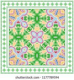 Decorative colorful ornament on white background, symmetric pattern with geometric frame. Tribal ethnic mandala decor. Bandana shawl, tablecloth fabric print, silk neck scarf, kerchief design