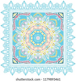 Decorative colorful ornament on white background, symmetric pattern with doodle lace frame. Tribal ethnic mandala decor. Bandana shawl, tablecloth fabric print, silk neck scarf, kerchief design