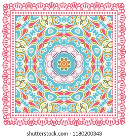 Decorative colorful ornament on white background, symmetric pattern with doodle lace frame. Tribal ethnic mandala decor. Bandana shawl, tablecloth fabric print, silk neck scarf, kerchief design