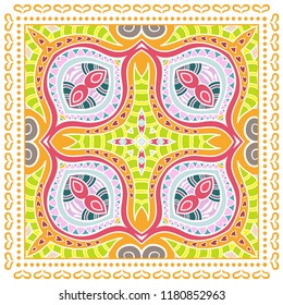 Decorative colorful ornament on white background, symmetric pattern with doodle lace frame. Tribal ethnic mandala decor. Bandana shawl, tablecloth fabric print, silk neck scarf, kerchief design