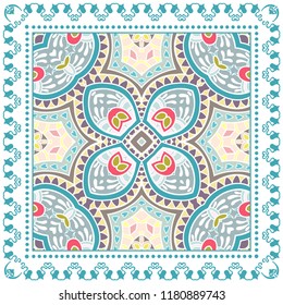 Decorative colorful ornament on white background, symmetric pattern with doodle lace frame. Tribal ethnic mandala decor. Bandana shawl, tablecloth fabric print, silk neck scarf, kerchief design