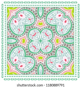 Decorative colorful ornament on white background, symmetric pattern with doodle lace frame. Tribal ethnic mandala decor. Bandana shawl, tablecloth fabric print, silk neck scarf, kerchief design