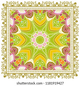 Decorative colorful ornament on white background, symmetric pattern with doodle lace frame. Tribal ethnic mandala decor. Bandana shawl, tablecloth fabric print, silk neck scarf, kerchief design