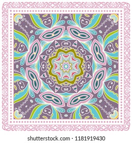 Decorative colorful ornament on white background, symmetric pattern with doodle lace frame. Tribal ethnic mandala decor. Bandana shawl, tablecloth fabric print, silk neck scarf, kerchief design