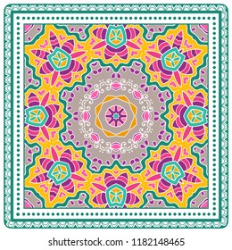 Decorative colorful ornament on white background, symmetric pattern with doodle lace frame. Tribal ethnic mandala decor. Bandana shawl, tablecloth fabric print, silk neck scarf, kerchief design