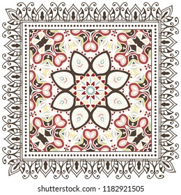 Decorative colorful ornament on white background, symmetric pattern with doodle lace frame. Tribal ethnic mandala decor. Bandana shawl, tablecloth fabric print, silk neck scarf, kerchief design