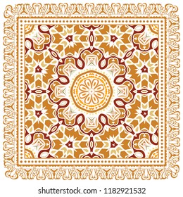 Decorative colorful ornament on white background, symmetric pattern with doodle lace frame. Tribal ethnic mandala decor. Bandana shawl, tablecloth fabric print, silk neck scarf, kerchief design