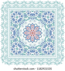 Decorative colorful ornament on white background, symmetric pattern with doodle lace frame. Tribal ethnic mandala decor. Bandana shawl, tablecloth fabric print, silk neck scarf, kerchief design