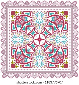 Decorative colorful ornament on white background, symmetric pattern with doodle lace frame. Tribal ethnic mandala decor. Bandana shawl, tablecloth fabric print, silk neck scarf, kerchief design