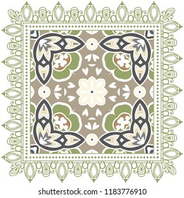 Decorative colorful ornament on white background, symmetric pattern with doodle lace frame. Tribal ethnic mandala decor. Bandana shawl, tablecloth fabric print, silk neck scarf, kerchief design