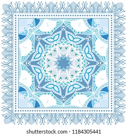 Decorative colorful ornament on white background, symmetric pattern with doodle lace frame. Tribal ethnic mandala decor. Bandana shawl, tablecloth fabric print, silk neck scarf, kerchief design