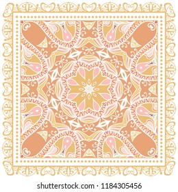 Decorative colorful ornament on white background, symmetric pattern with doodle lace frame. Tribal ethnic mandala decor. Bandana shawl, tablecloth fabric print, silk neck scarf, kerchief design