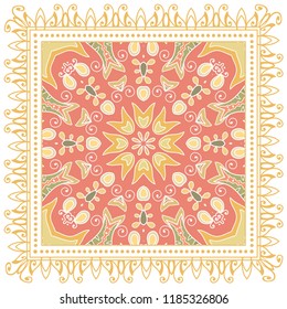 Decorative colorful ornament on white background, symmetric pattern with doodle lace frame. Tribal ethnic mandala decor. Bandana shawl, tablecloth fabric print, silk neck scarf, kerchief design
