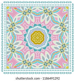 Decorative colorful ornament on white background, symmetric pattern with doodle lace frame. Tribal ethnic mandala decor. Bandana shawl, tablecloth fabric print, silk neck scarf, kerchief design