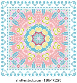 Decorative colorful ornament on white background, symmetric pattern with doodle lace frame. Tribal ethnic mandala decor. Bandana shawl, tablecloth fabric print, silk neck scarf, kerchief design