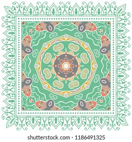 Decorative colorful ornament on white background, symmetric pattern with doodle lace frame. Tribal ethnic mandala decor. Bandana shawl, tablecloth fabric print, silk neck scarf, kerchief design