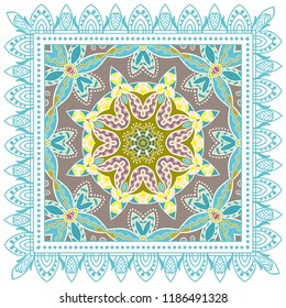 Decorative colorful ornament on white background, symmetric pattern with doodle lace frame. Tribal ethnic mandala decor. Bandana shawl, tablecloth fabric print, silk neck scarf, kerchief design