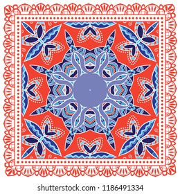 Decorative colorful ornament on white background, symmetric pattern with doodle lace frame. Tribal ethnic mandala decor. Bandana shawl, tablecloth fabric print, silk neck scarf, kerchief design