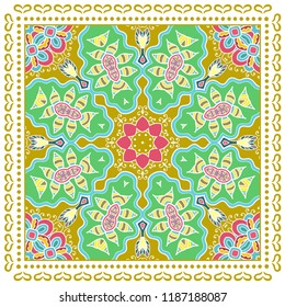 Decorative colorful ornament on white background, symmetric pattern with doodle lace frame. Tribal ethnic mandala decor. Bandana shawl, tablecloth fabric print, silk neck scarf, kerchief design