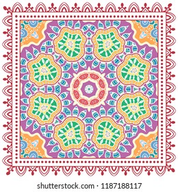 Decorative colorful ornament on white background, symmetric pattern with doodle lace frame. Tribal ethnic mandala decor. Bandana shawl, tablecloth fabric print, silk neck scarf, kerchief design
