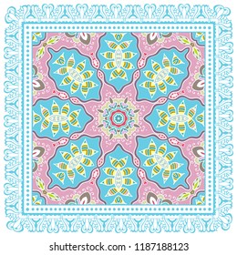 Decorative colorful ornament on white background, symmetric pattern with doodle lace frame. Tribal ethnic mandala decor. Bandana shawl, tablecloth fabric print, silk neck scarf, kerchief design