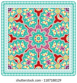 Decorative colorful ornament on white background, symmetric pattern with doodle lace frame. Tribal ethnic mandala decor. Bandana shawl, tablecloth fabric print, silk neck scarf, kerchief design