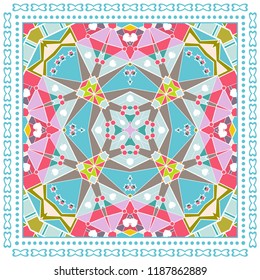 Decorative colorful ornament on white background, geometric pattern with frame border. Tribal ethnic mandala decor. Bandana shawl, tablecloth fabric print, silk neck scarf, kerchief design